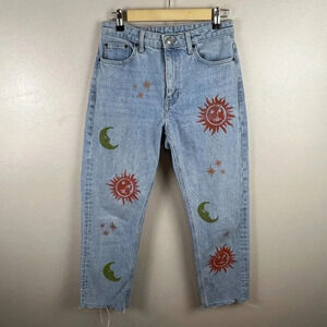 TopShop High Rise Ankle Straight Jeans Size 28 Celestial Sun Moon Upcycled Blue